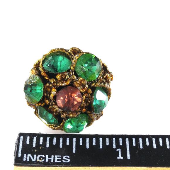 Vintage 1960s Green Rhinestone Flower Adjustable Cocktail Ring - Picture 6 of 10